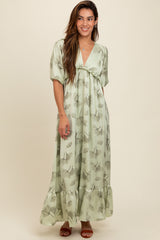 Light Olive Floral Chiffon Ruffle Accent Maxi Dress