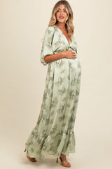 Light Olive Floral Chiffon Ruffle Accent Maternity Maxi Dress