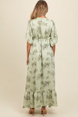 Light Olive Floral Chiffon Ruffle Accent Maternity Maxi Dress