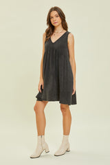 Black Mineral-Washed Gauze V-Neck Flare Mini