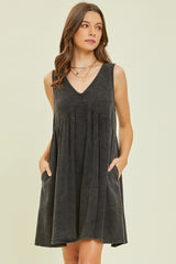 Black Mineral-Washed Gauze V-Neck Flare Mini