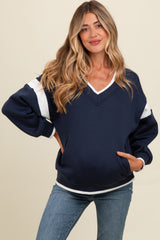 Navy Contrast Sleeve V-Neck Maternity Sweatshirt