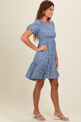 Blue Floral Puff Sleeve Smocked Dress