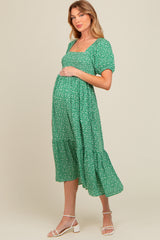 Green Floral Smocked Ruffle Hem Maternity Midi Dress