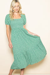 Green Floral Smocked Ruffle Hem Maternity Midi Dress