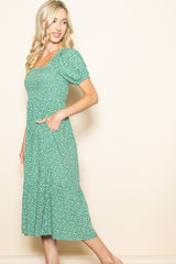 Green Floral Smocked Ruffle Hem Midi Dress