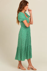 Green Floral Smocked Ruffle Hem Midi Dress