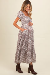 Brown Floral Puff Sleeve Smocked Maternity Maxi Dress