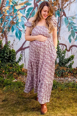 Brown Floral Puff Sleeve Smocked Maternity Maxi Dress