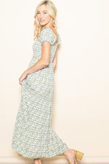 Olive Floral Puff Sleeve Smocked Maxi Dress