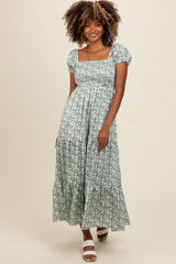 Olive Floral Puff Sleeve Smocked Maternity Maxi Dress