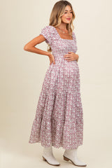 Mauve Floral Puff Sleeve Smocked Maternity Maxi Dress