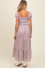 Mauve Floral Puff Sleeve Smocked Maternity Maxi Dress