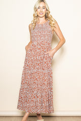 Rust Floral Sleeveless Ruffle Tiered Maxi Dress