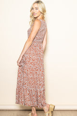 Rust Floral Sleeveless Ruffle Tiered Maxi Dress