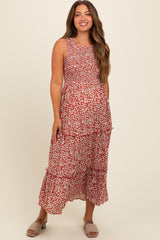 Rust Floral Sleeveless Ruffle Tiered Maternity Maxi Dress