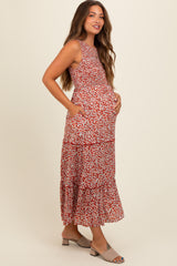 Rust Floral Sleeveless Ruffle Tiered Maternity Maxi Dress