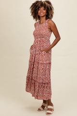 Rust Floral Sleeveless Ruffle Tiered Maternity Maxi Dress