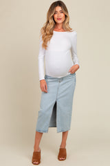 Light Blue Distressed Front Slit Maternity Midi Skirt