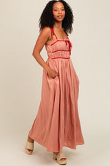 Salmon Contrast Ribbon Trim Maxi Dress