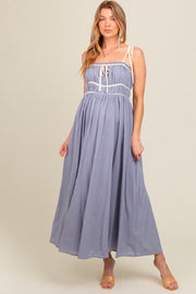 Periwinkle Contrast Ribbon Trim Maternity Maxi Dress