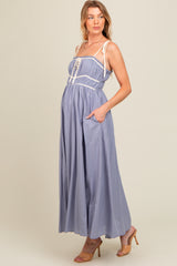 Periwinkle Contrast Ribbon Trim Maternity Maxi Dress