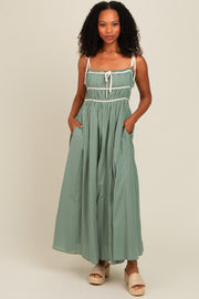 Light Olive Contrast Ribbon Trim Maxi Dress