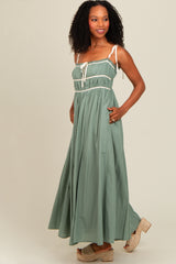 Light Olive Contrast Ribbon Trim Maxi Dress