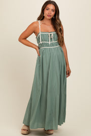 Light Olive Contrast Ribbon Trim Maternity Maxi Dress