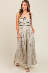 Cream Floral Contrast Ribbon Trim Maxi Dress