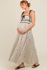 Cream Floral Contrast Ribbon Trim Maternity Maxi Dress