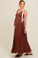 Brown Contrast Shoulder Tie Smocked Maternity Maxi Dress