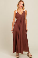 Brown Contrast Shoulder Tie Smocked Maternity Maxi Dress