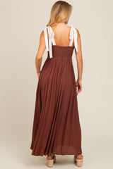 Brown Contrast Shoulder Tie Smocked Maxi Dress