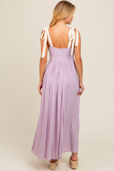 Lavender Contrast Shoulder Tie Smocked Maxi Dress