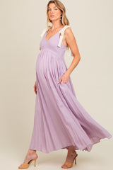 Lavender Contrast Shoulder Tie Smocked Maternity Maxi Dress