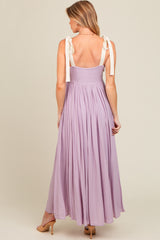 Lavender Contrast Shoulder Tie Smocked Maternity Maxi Dress