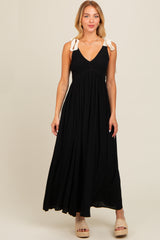 Black Contrast Shoulder Tie Smocked Maxi Dress