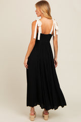 Black Contrast Shoulder Tie Smocked Maxi Dress