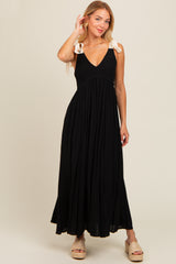 Black Contrast Shoulder Tie Smocked Maxi Dress