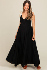 Black Contrast Shoulder Tie Smocked Maternity Maxi Dress