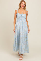 Light Blue Floral Ruched Bust Shoulder Tie Maxi Dress