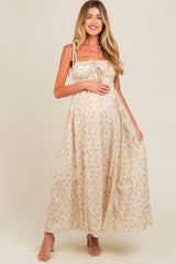 Cream Floral Ruched Bust Shoulder Tie Maternity Maxi Dress