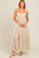 Cream Floral Ruched Bust Shoulder Tie Maternity Maxi Dress