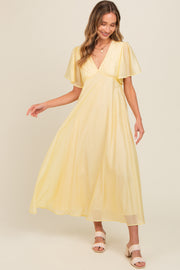 Yellow V-Neck Flutter Sleeve Maxi Dress