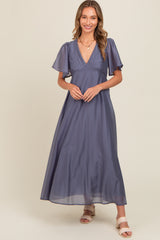 Blue V-Neck Flutter Sleeve Maternity Maxi Dress