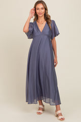 Blue V-Neck Flutter Sleeve Maxi Dress