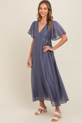 Blue V-Neck Flutter Sleeve Maxi Dress