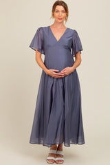 Blue V-Neck Flutter Sleeve Maternity Maxi Dress