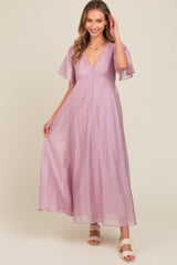 Lavender V-Neck Flutter Sleeve Maternity Maxi Dress